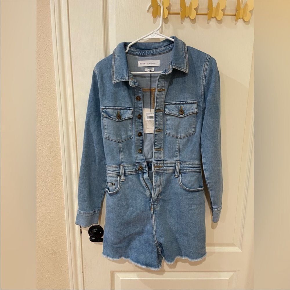 NWT Spell & The Gypsy x Outland Denim Jean Stretch Romper Playsuit S Long Sleeve